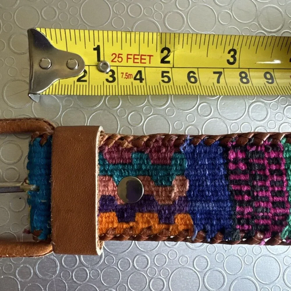 Vintage Handmade Guatemala Woven Belt 32 Cotton Leather Aztec Folk Art Southwest